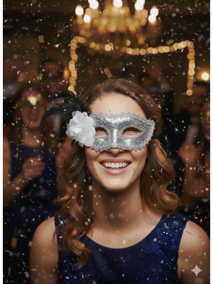 Dodomar Uzun Tüylü Pullu Çiçekli Gümüş Yılbaşı Kutlama Lüks Maske Gözlüğü