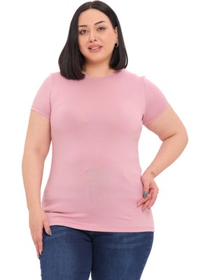 Disentis Modest Büyük Beden Bisiklet Yaka Kısa Kollu Viskon Pembe Body