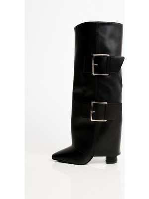 Giydim Gidiyor Bold Buckle Kalın Topuklu Çizme Siyah