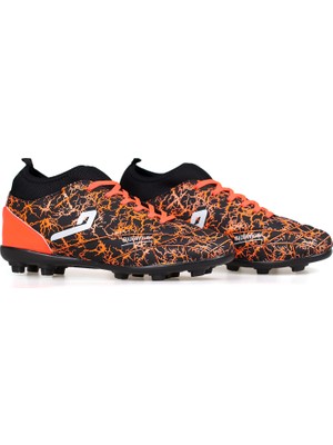 Kajila Erkek Siyah Turuncu Çoraplı Halı Saha Kramponu - Slip-On Bağcıklı, Konforlu ve Dayanıklı Futbol Ayakkabısı