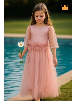 Minimony 6-10 Yaş Midi Boy Yetim Kol Simli Nakışlı Tül Kız Çocuk Abiye Bayramlık Elbise Pudra 5012
