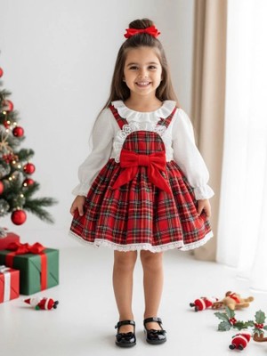 Aysskids Belinay Kız Çocuk Yılbaşı Uzun Kol Tütü Prenses Ekoseli Vintage Elbise