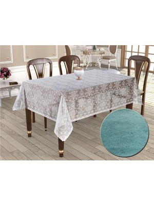 Örme Pano Desenli Masa Örtüsü Seti  160*220 Bahar Turkuaz
