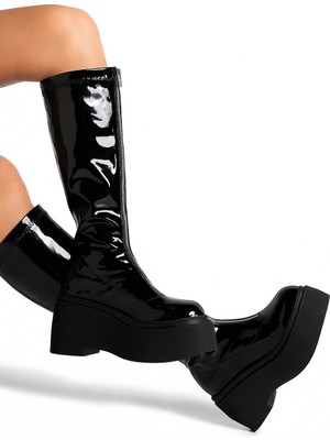 Giydim Gidiyor Long Josmo Rugan Kalın Tabanlı Çizme Siyah