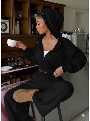 Afri Kadın Siyahcrop Kapüşonlu Sweatshirt ve Yüksek Bel Alt Takım – Metal Kuşgözü Detaylı Ikili Takım