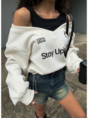 Afri Kadın Ekru Şardonlu Ikili Görünüm Sweatshirt - Askılı Atlet Detaylı Oversize Sweat