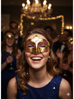 Dodomar Simli Kabartmalı Gold Altın Yılbaşı Kutlama Maske Gözlüğü Lüks Parti Aksesuarı