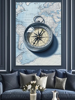 Tablomega Eski Harita Üzerinde Pusula Dekoratif Kanvas - Mdf Ahşap Tablo