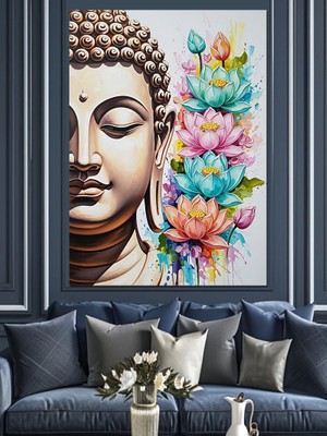 Tablomega Çiçekli Buda Heykeli Başı Dekoratif Kanvas - Mdf Ahşap Tablo