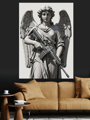 Tablomega Silahlı Melek Heykeli Sanat Dekoratif Kanvas - Mdf Ahşap Tablo