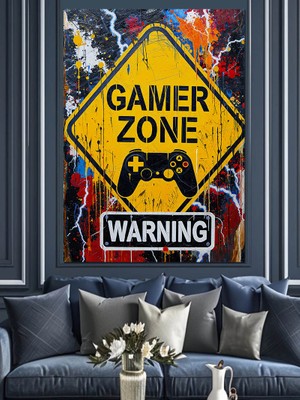 Tablomega Sarı Gamer Zone Tabelası Dekoratif Kanvas - Mdf Ahşap Tablo