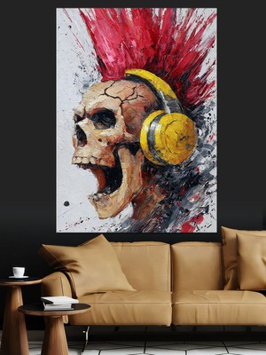 Tablomega Kulaklıklı Punk Kuru Kafa Dekoratif Kanvas - Mdf Ahşap Tablo