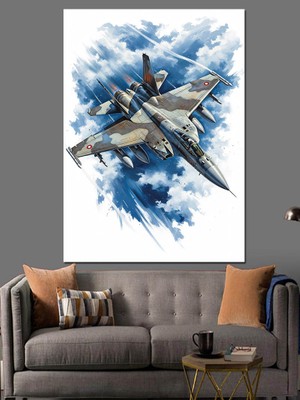 Tablomega Bulutlarda Savaş Uçağı Çizimi Dekoratif Kanvas - Mdf Ahşap Tablo
