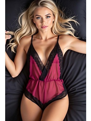 Merry See Kadın Dantel Body Gecelik Bordo 90% Polyester %10 Elastan Şık Tasarım