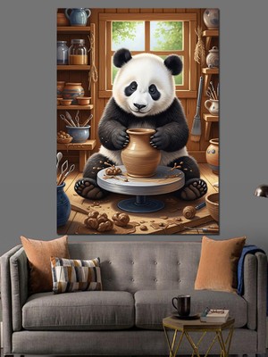 Tablomega Çömlek Yapan Sanatçı Panda Dekoratif Kanvas - Mdf Ahşap Tablo