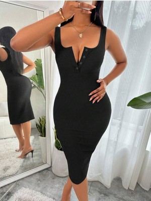 Moda Loris Kadın Askılı Önü Düğmeli Midi Kaşkorse Elbise