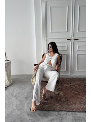 Moda Loris Keten Tek Düğme Yelek-Pantolon Takım - Beyaz