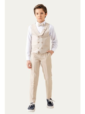 Turuncu Gardrop Lord Katlamalı Yelekli Çocuk Takım Elbise Krem