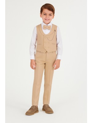 Turuncu Gardrop Smart Katlamalı Yelekli Çocuk Takım Elbise Latte