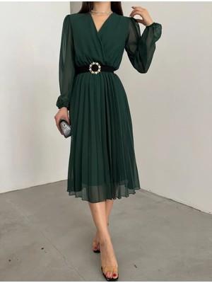 Moda Loris Kadın Şifon Kumaş Astalı Kloş Kesim Kruvaze Yaka Midi Boy Elbise