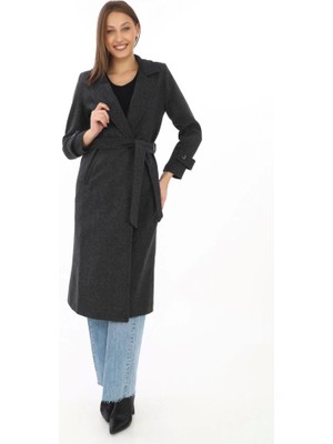 Moda Loris Astarlı Balık Sırtı Kaşmir Kaşe Kaban - Siyah