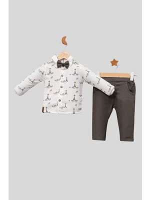 Turuncu Gardrop 6-18 Ay Desenli Gömlek Pantolon Papyon Bebek Takım Gri