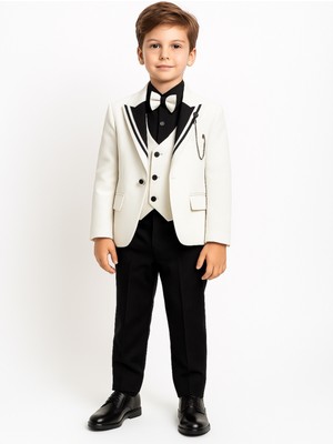 Turuncu Gardrop 3-14 Yaş Lüx Yaka Detay Siyah Gömlekli Erkek Çocuk Damatlık Beyaz