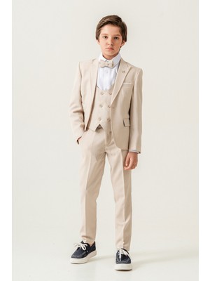 Turuncu Gardrop Premium Seri Mendilli Yelekli Ceketli Çocuk Takım Elbise Krem