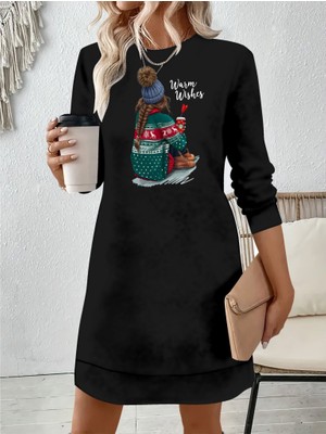 Moda Loris Kadın Uzun Kollu Bisiklet Yaka Desenli Viskon Iki Iplik Elbise