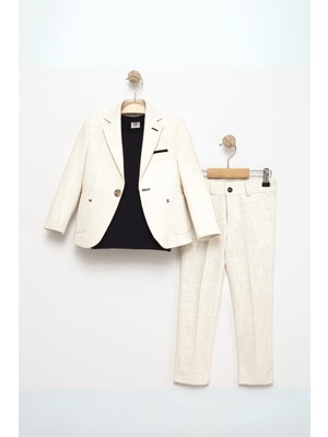 Turuncu Gardrop Lüx Keten Cep Mendilli Tişörtlü Erkek Çocuk Takım Elbise Krem