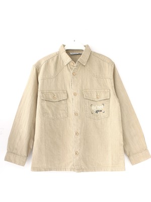 DobaKids Cep Üzeri Baskılı Erkek Çocuk Keten Uzun Kollu Regular Gömlek Bej