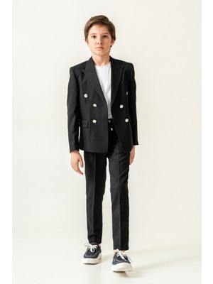 Turuncu Gardrop Milano Kruvaze Ceketli Tişörtlü Çocuk Takım Elbise Siyah