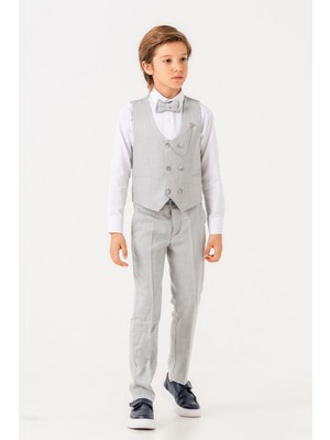 Turuncu Gardrop Flax Yelekli Zincirli Erkek Çocuk Takım Elbise Gri