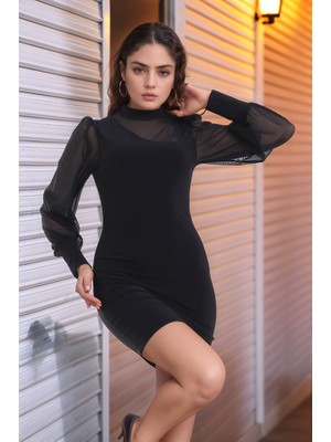 Moda Loris Kadın Balıkçı Yaka Transparan Detay Fırsat Ürün Sandy Kumaş Mini Elbise