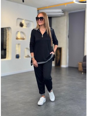 Moda Loris Kadın Uzun Kollu Ribana ve Fermuar Detay Bluz ve Yüksel Bel Pantolon 2li Takım