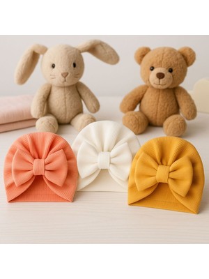 Pico Baby Fiyonklu Bebek Bone 3'lü Set- Somon/ Beyaz / Hardal