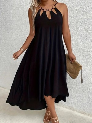 Moda Loris Kadın Boyundan Askılı Damla Detaylı Halkalı Asimetrik Kesim Viskon Elbise