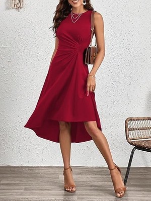 Moda Loris Kadın Sıfır Kollu Bisiklet Yaka Büzgülü Asimetrik Kesim Detaylı Janjan Krep Elbise