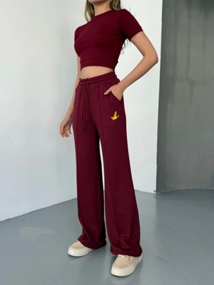 Moda Loris Osy Modal Yumuşak Dokulu Kumaş Nakış Işlemeli Rahat Bol Paça Eşofman Pantalon - Bordo