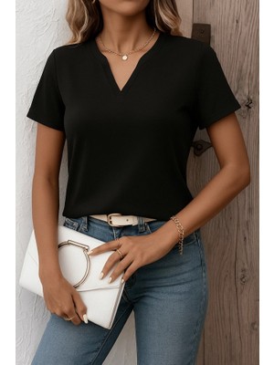 Moda Loris Kadın Kısa Kollu V Yakalı Ithal Krep Elbise