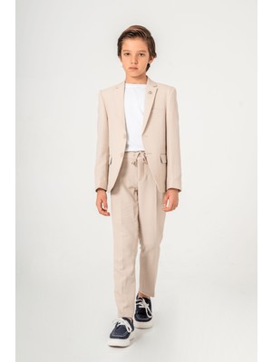 Turuncu Gardrop 3-14 Yaş Gofre Rozetli Tişörtlü Çocuk Takım Elbise Bej