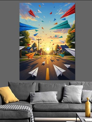 Tablomega Kağıt Uçaklar Günbatımı Yolu Dekoratif Kanvas - Mdf Ahşap Tablo