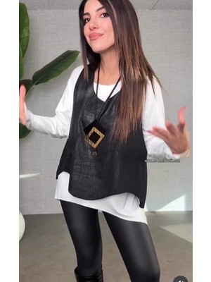 Moda Loris Kadın Siyah Deri Yelekli Kolye Dahil Üçlü Takım
