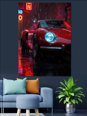 Tablomega Yağmurlu Sokakta Kırmızı Araba Dekoratif Kanvas - Mdf Ahşap Tablo