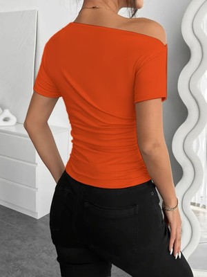 Moda Loris Kadın Kısa Kollu Tek Omuzu Açık Büzgülü Viskon Bluz