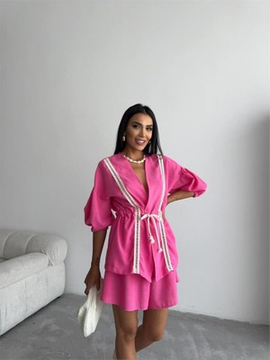 Moda Loris Keten Bel Büzgülü Bluz-Pantolon Takım - Fuşya
