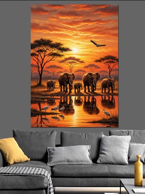 Tablomega Günbatımında Yürüyen Fil Ailesi Dekoratif Kanvas - Mdf Ahşap Tablo