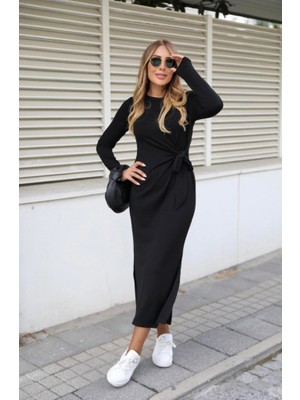 Moda Loris Kadın Uzun Kollu Bisiklet Yaka Belden Çapraz Bağlamalı Yandan Yırtmaçlı Uzun Viskon Iki Iplik Elbise