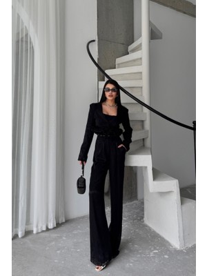 Moda Loris Jakarlı Bluzu Tasarım Detaylı Ceket-Pantolon-Bluz 3 Lü Takım - Siyah