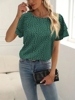 Moda Loris Kadın Kısa Kollu Kolları Volanlı Baskılı Süprem Bluz
